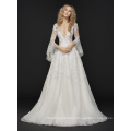 New Coming Modern Style Deep V-Neckline with Low Scoop Back, Holographic Floral Embroidery Throughout Wedding Dress with Beaded Net Butterfly Sleeves